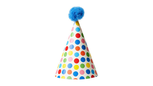 Colorful polka dot party hat with a blue pom pom topper