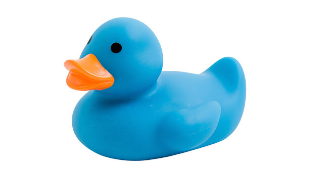 Bright blue rubber duck toy with orange beak