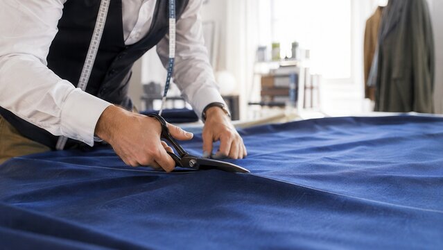 Tailor cutting blue fabric with scissors on work table while making custom clothing in fashion studio