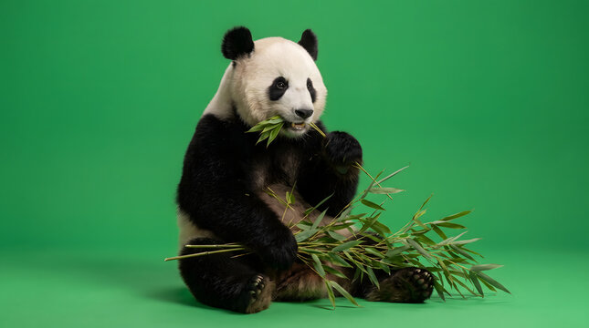 An adorable giant panda bear sitting and eating a bundle of fresh bamboo on a green background