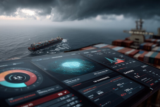  AI marine shipping system with holographic route optimization and cargo risk analytics.
