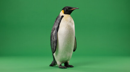 Obraz premium Majestic emperor penguin standing profile view on green screen chroma key.