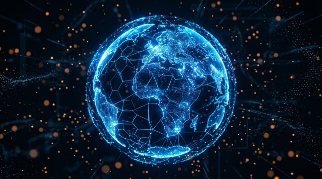 Glowing digital globe of luminous blue network lines and radiant data nodes floating in dark cyberspace with orange bokeh particles.