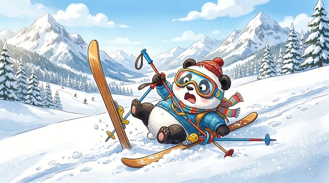 Clumsy panda falling on ski slope in winter mountains