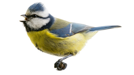 Eurasian blue tit bird with yellow chest and blue wings perched with open beak © Matthias