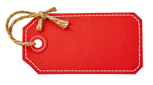 Red rectangular felt gift tag with white stitching and brown jute twine string