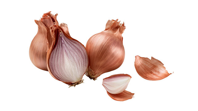 Fresh whole and sliced brown shallots with papery skin