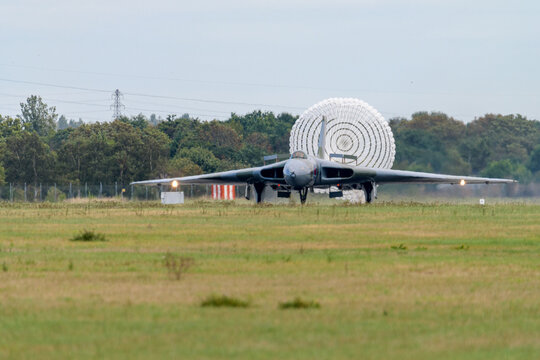 Southend-on-Sea, Essex, UK - 12 September 2026: Vulcan bomber XL426 releases its parachute after a high-speed taxi run at the London Southend Airport Vulcan Restoration Trust (VRT) open day.