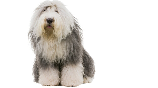 Old English Sheepdog with long shaggy grey and white fur sitting