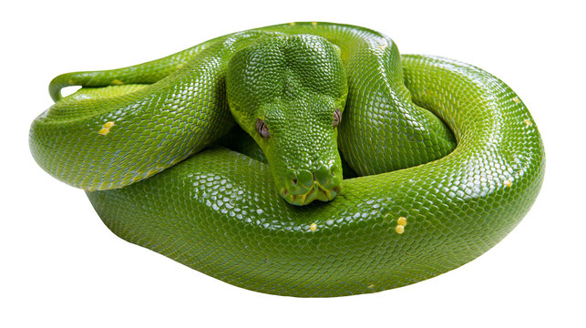 Coiled green tree python with textured scales and yellow spots