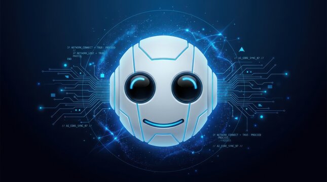 Futuristic robot head with glowing eyes and circuit board design
