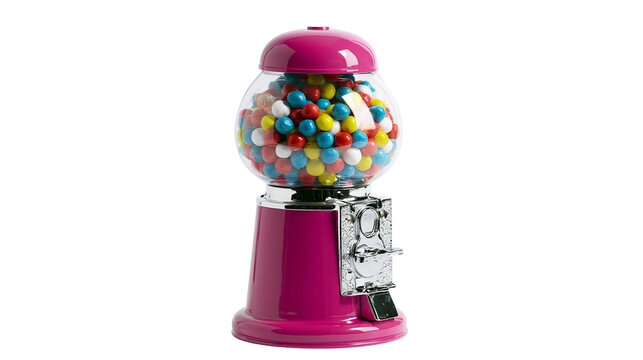 Pink vintage gumball machine filled with colorful round chewing gum balls