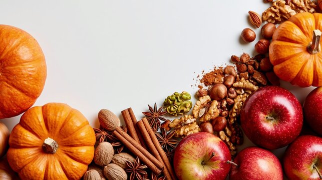 a vibrant and colorful composition features pumpkins, apples, nuts, cinnamon sticks, star anise, and hazelnuts. The pumpkins are bright orange, the apples are deep red.