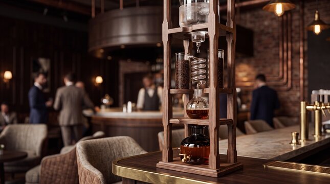 Artisanal wooden cold brew coffee apparatus standing on brass trimmed counter in luxury cafe lounge