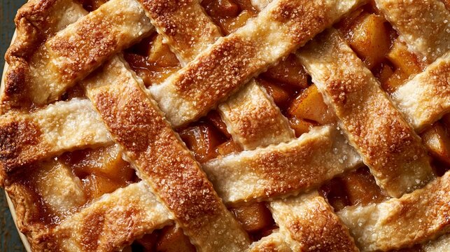 a freshly baked apple pie with a lattice crust. The lattice pattern is evenly spaced and evenly distributed across the pie. The crust has a goldenbrown color.