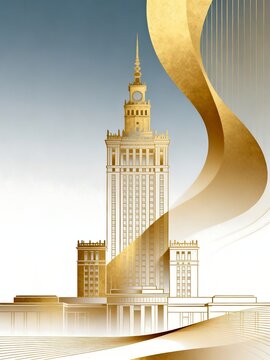 Golden Illustration of Classic Skyscraper with Decorative Curves