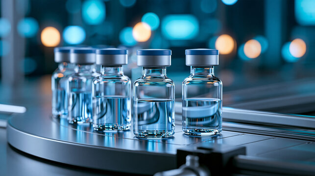 Glass medicine vials moving through an automated sterile pharmaceutical production line, biotech manufacturing, medicine production, quality control, laboratory technology,