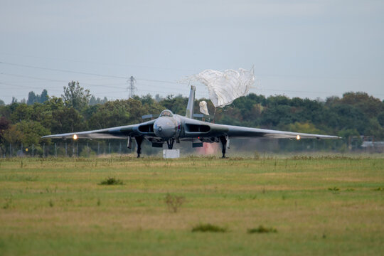 Southend-on-Sea, Essex, UK - 12 September 2026: Vulcan bomber XL426 releases its parachute after a high speed taxi run at the London Southend Airport Vulcan Restoration Trust (VRT) open day.