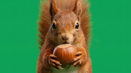 Fototapeta premium Adorable red squirrel holding a whole hazelnut while looking directly at the camera