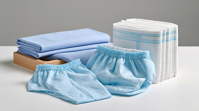 Disposable protective briefs for elderly patients arranged neatly with folded hospital supplies, senior care, incontinence care, healthcare products, nursing home essentials,