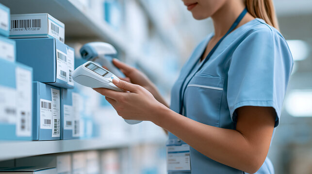 Female healthcare logistics worker scanning medical supply boxes with a handheld barcode reader in a hospital warehouse, inventory tracking, RFID technology, pharmaceutical