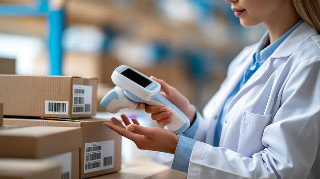 Female healthcare logistics worker scanning medical supply boxes with a handheld barcode reader in a hospital warehouse, inventory tracking, RFID technology, pharmaceutical