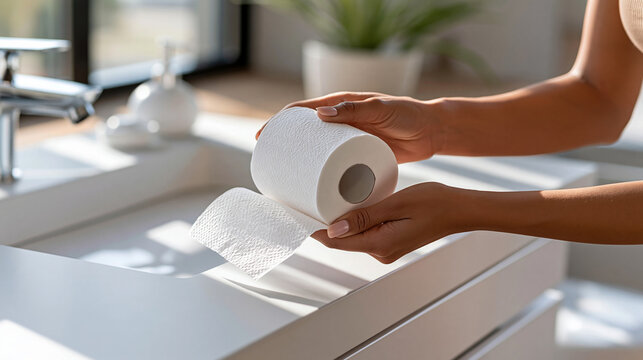 Woman holding a toilet paper roll in a spotless modern bathroom, daily hygiene, feminine lifestyle, bathroom care, household essentials, faceless composition, natural interior