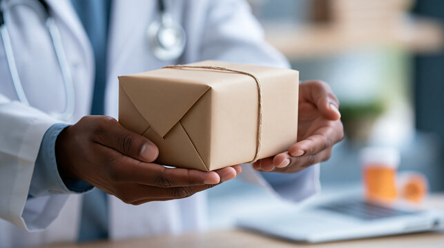 Healthcare worker handing a sealed medicine package to a patient, pharmaceutical delivery, prescription treatment, medication safety, patient care, professional healthcare