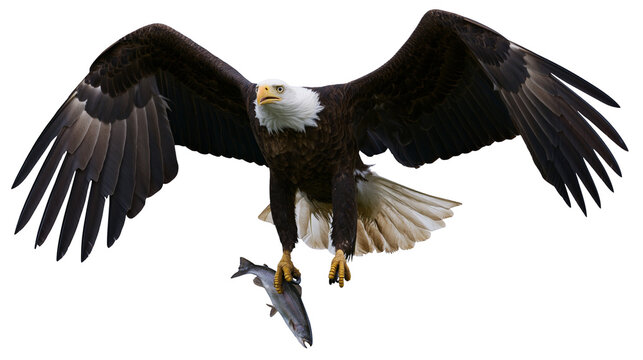 Majestic bald eagle flying with a caught fish in its sharp talons