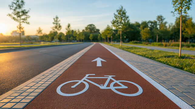 Red Asphalt Bicycle Lane With White Bike Symbol And Arrow Through Green Park