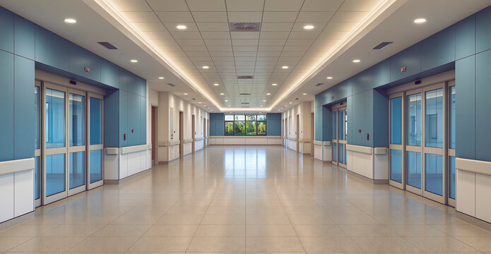 Empty Modern Hospital Corridor With Sliding Doors, Window View, And Bright Ceiling Lights