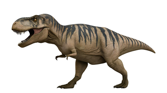 Tyrannosaurus Rex dinosaur with textured brown skin and dark striped patterns