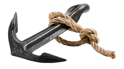 Heavy black cast iron nautical anchor wrapped with thick natural fiber rope © Anouk