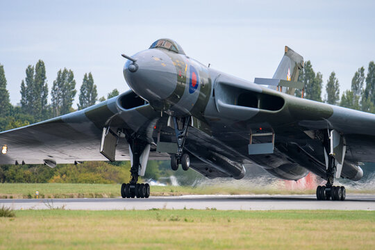 Southend-on-Sea, Essex, UK - 12 September 2026: Vulcan bomber XL426 raises its nose-wheel at London Southend Airport on a high speed taxi run at the Vulcan Restoration Trust open day