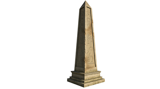 Ancient Egyptian stone obelisk with carved hieroglyphics and pyramidion top
