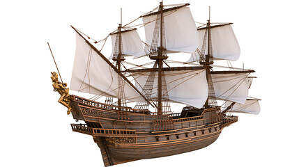 Wooden galleon sailing ship with white canvas sails and golden figurehead © Anouk
