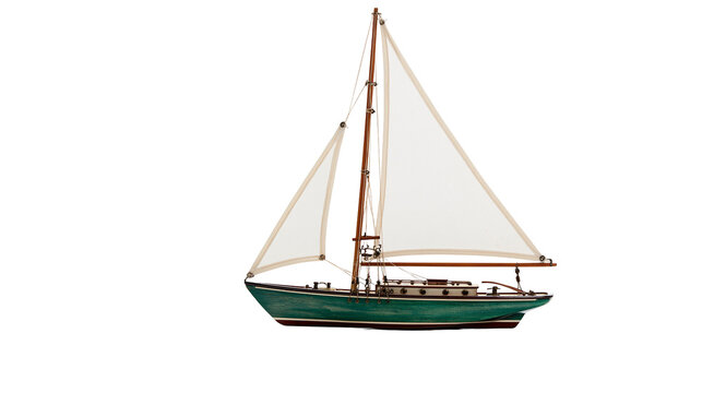Wooden model sailboat with green hull and white fabric sails