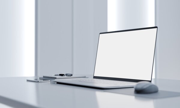 Laptop PC Blank Screen in Minimalist Laboratory Workspace with Office Supplies