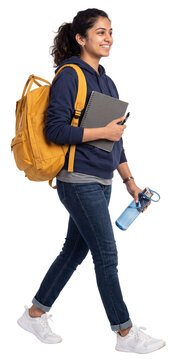 female student walking with notebook backpack and reusable water bottle