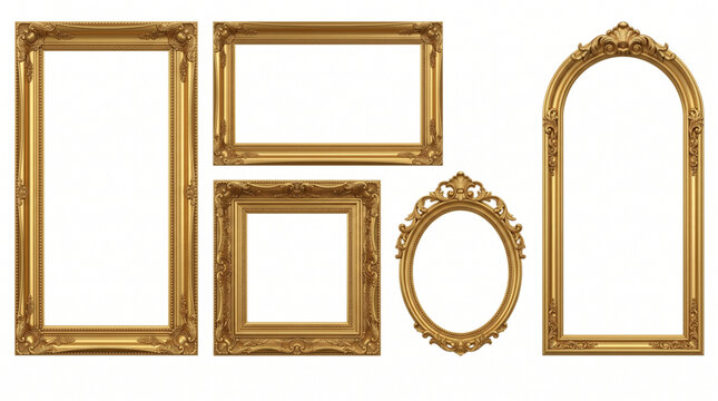 Set of antique gold picture frames mockup with blank canvas gallery collection, featuring ornate baroque arch, oval, and square metallic border moulding for luxury vintage interior wall display
