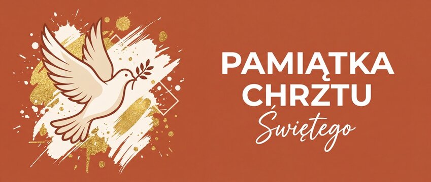 Pamiątka Chrztu Świętego baptism dove golden glitter banner design for holy sacrament greeting card featuring white peace pigeon with olive branch on terracotta background template card visual.