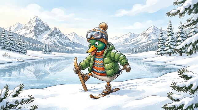 Funny duck skiing in snowy mountain landscape for winter sports comedy