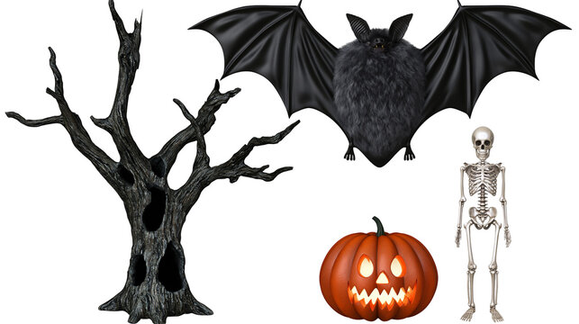 Spooky Halloween set with black bat bare dead tree, glowing pumpkin and skeleton