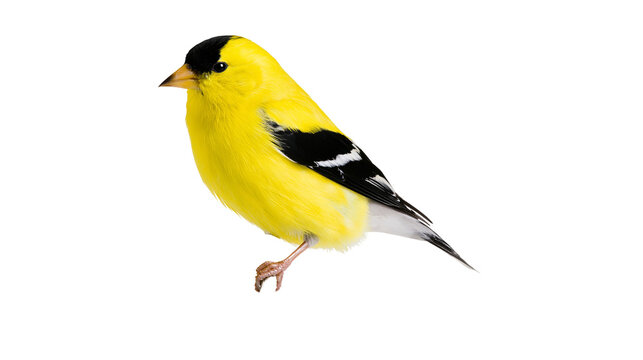 Bright yellow American goldfinch with black cap and wings perched