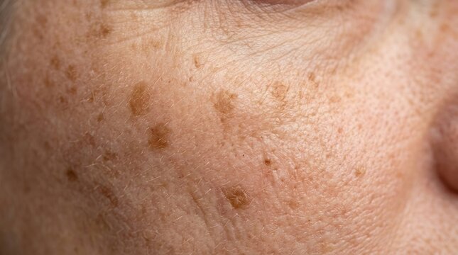 Elderly person facial skin showing sun spots and age-related pigmentation changes from cumulative UV exposure.