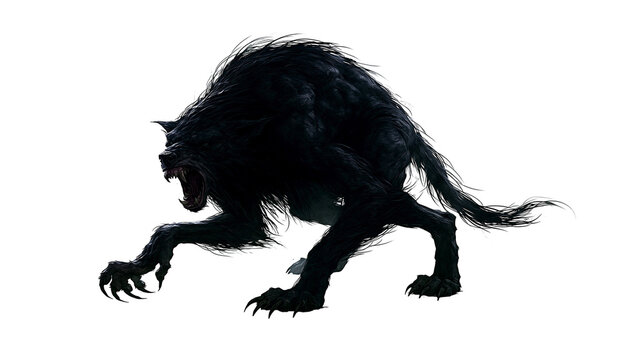 Aggressive black werewolf crouching with sharp claws and bared teeth