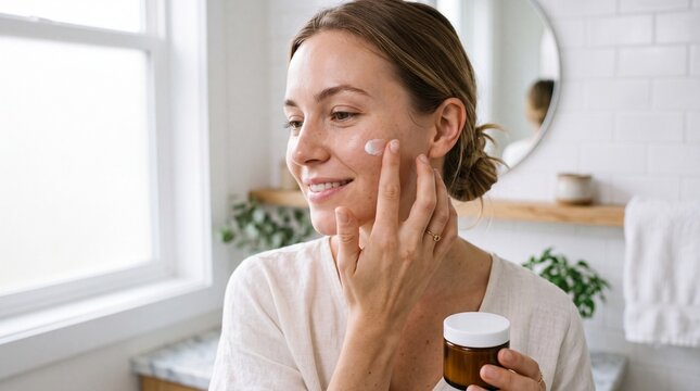 smiling woman applying moisturizing cream to her face in a bathroom