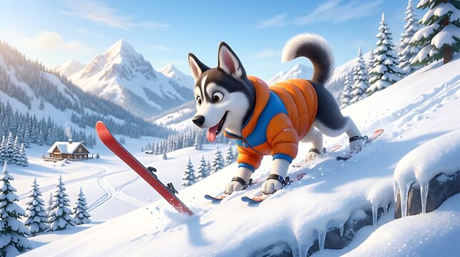 Funny husky puppy skiing down a snowy mountain slope in winter gear