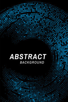 Abstract Blue Halftone Wave Background with Flowing Circular Dot Pattern, Dynamic Gradient Particle Texture and Black Negative Space, Modern Vertical Graphic for Posters, Covers and Digital Design