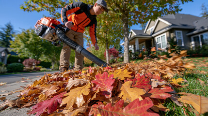 Obraz premium Teenage boy using a leaf blower along a curved driveway lined with mature oak trees, leaves swirling in motion blur, detached suburban home visible behind him, weekend chore, residential outdoor wor